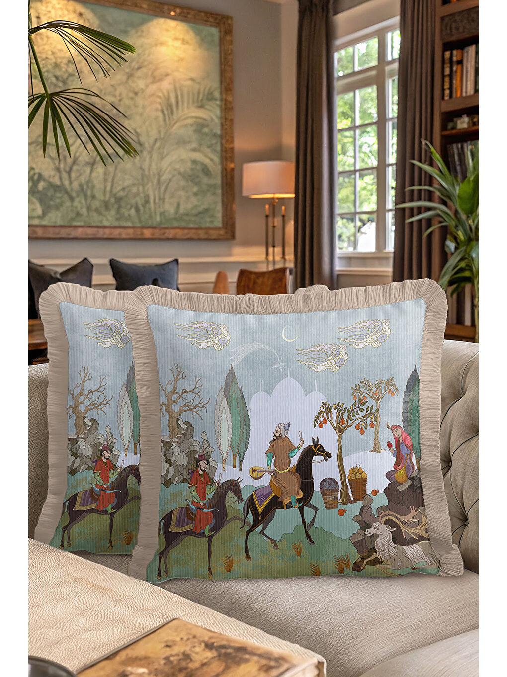 Karışık Persian Minyatür Saçaklı Yastık Kılıfı - Geleneksel Etnik Mavi Bej Püsküllü Kırlent Kılıfı-7