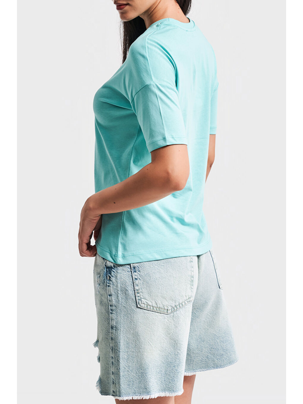 Kadın Mint Yeşili Renk S5-114 Bisiklet Yaka Basic T-Shirt-2