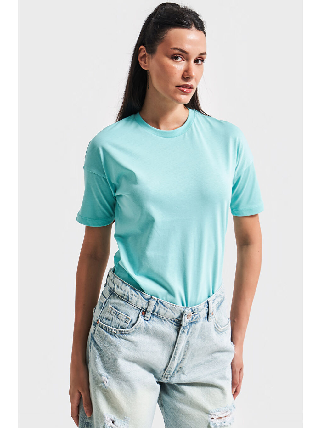 Kadın Mint Yeşili Renk S5-114 Bisiklet Yaka Basic T-Shirt-3