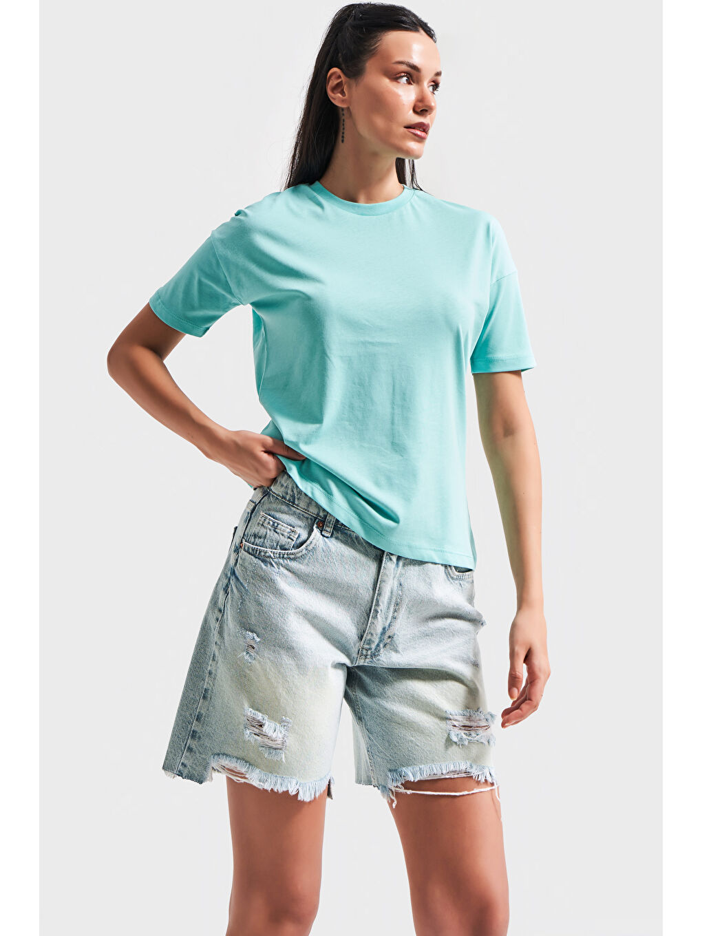 Kadın Mint Yeşili Renk S5-114 Bisiklet Yaka Basic T-Shirt-4