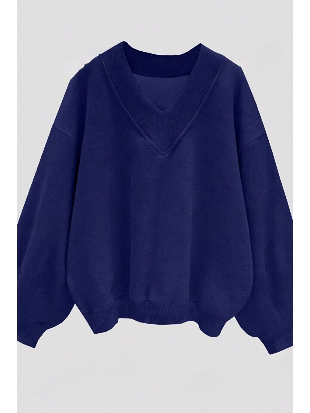 Kadın Lacivert Düz V Yaka Oversize Sweatshirt