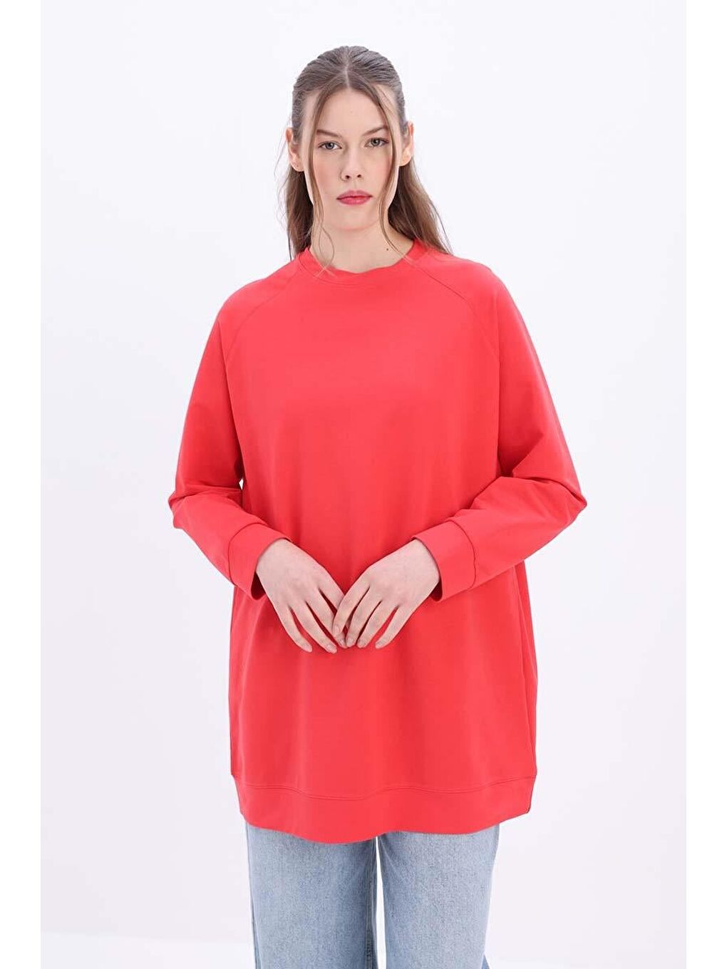 Kırmızı-Bisiklet Yaka Reglan Kol Elastanlı Sweat