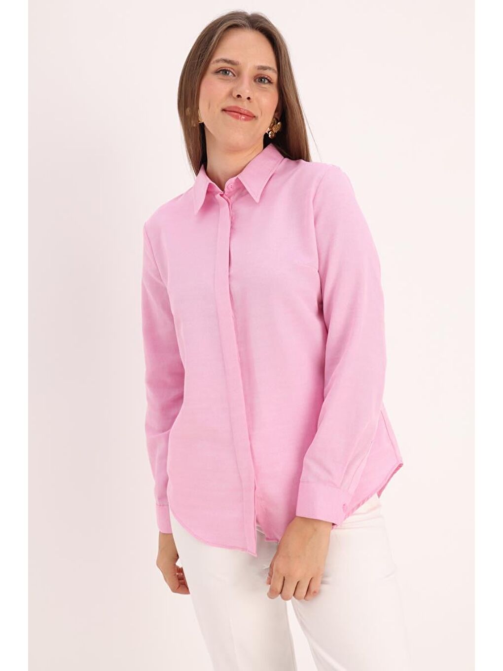 Pembe Basic Gizli Patlı Gömlek
