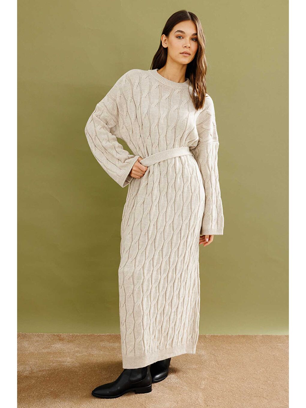 Ekru Saç Örgü Motifli Krem Triko Elbise-1