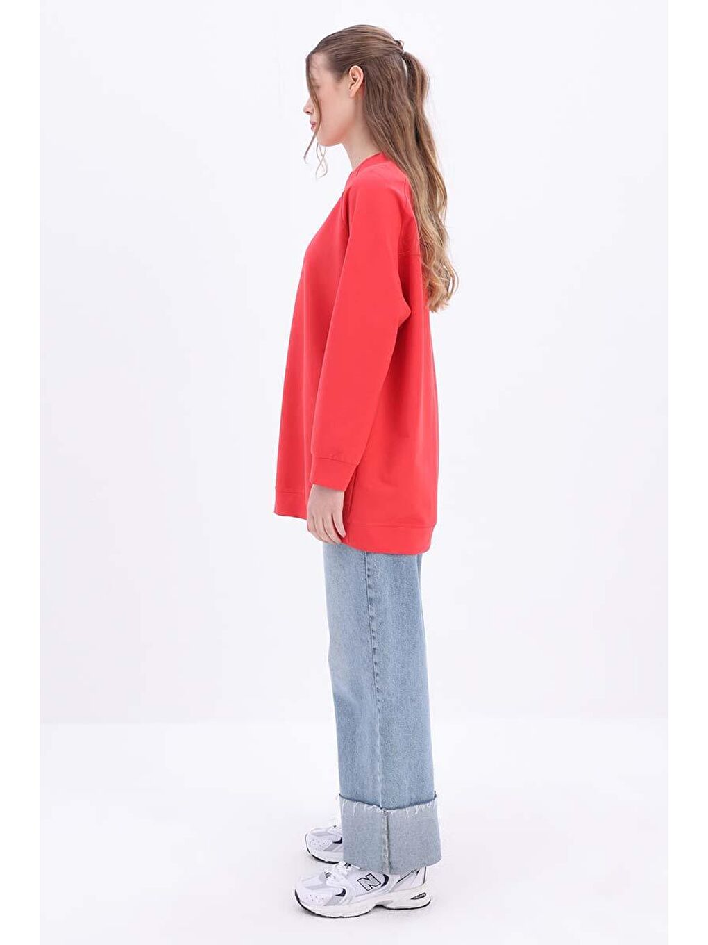 Kırmızı-Bisiklet Yaka Reglan Kol Elastanlı Sweat-2