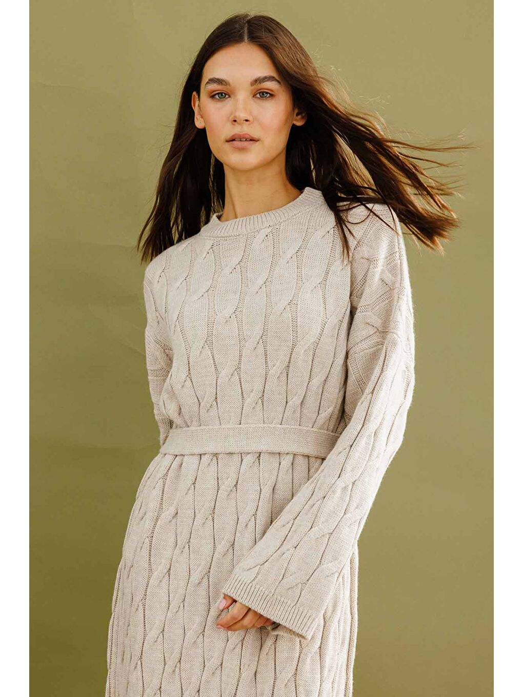 Ekru Saç Örgü Motifli Krem Triko Elbise-2