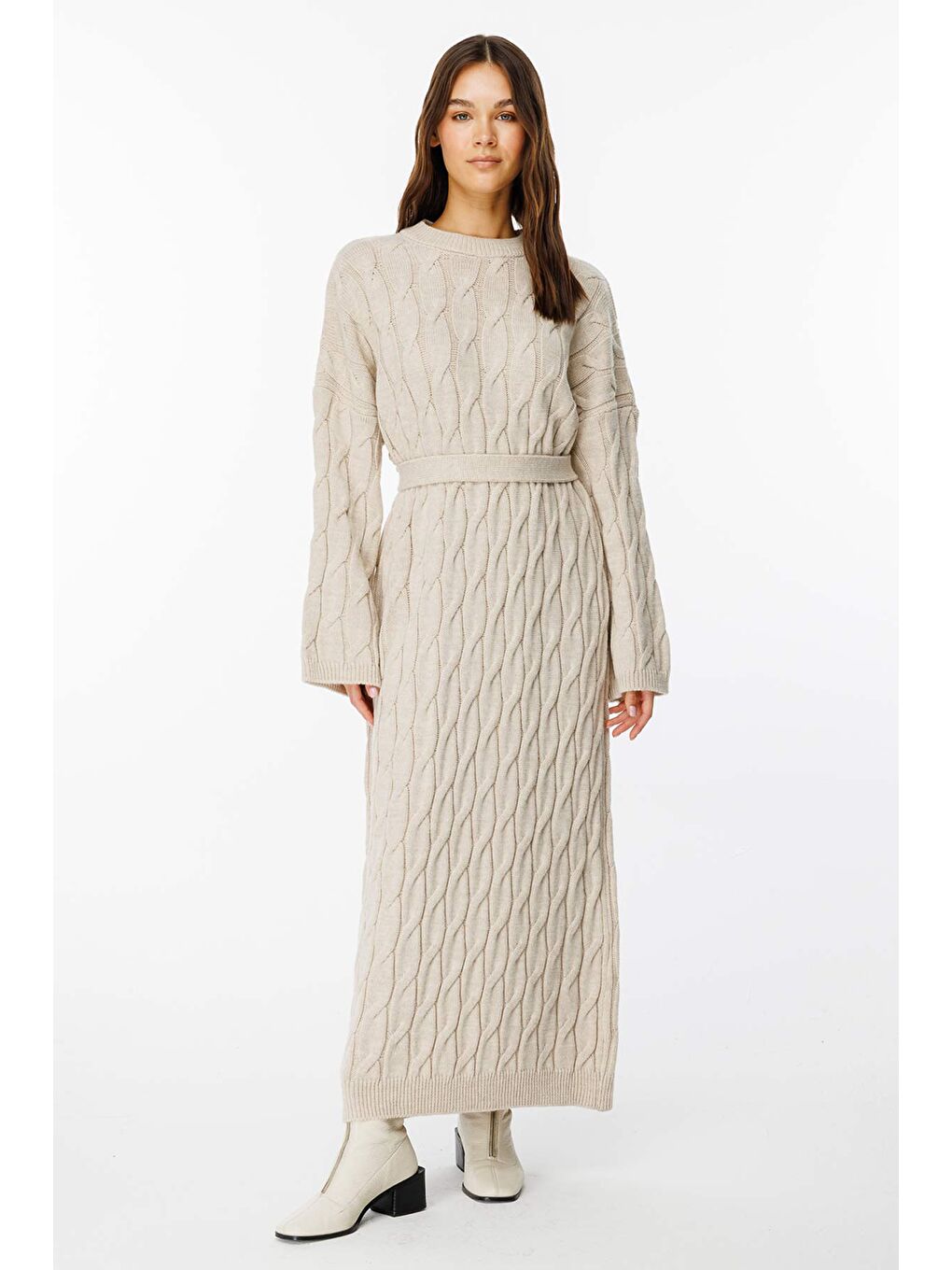 Ekru Saç Örgü Motifli Krem Triko Elbise-3