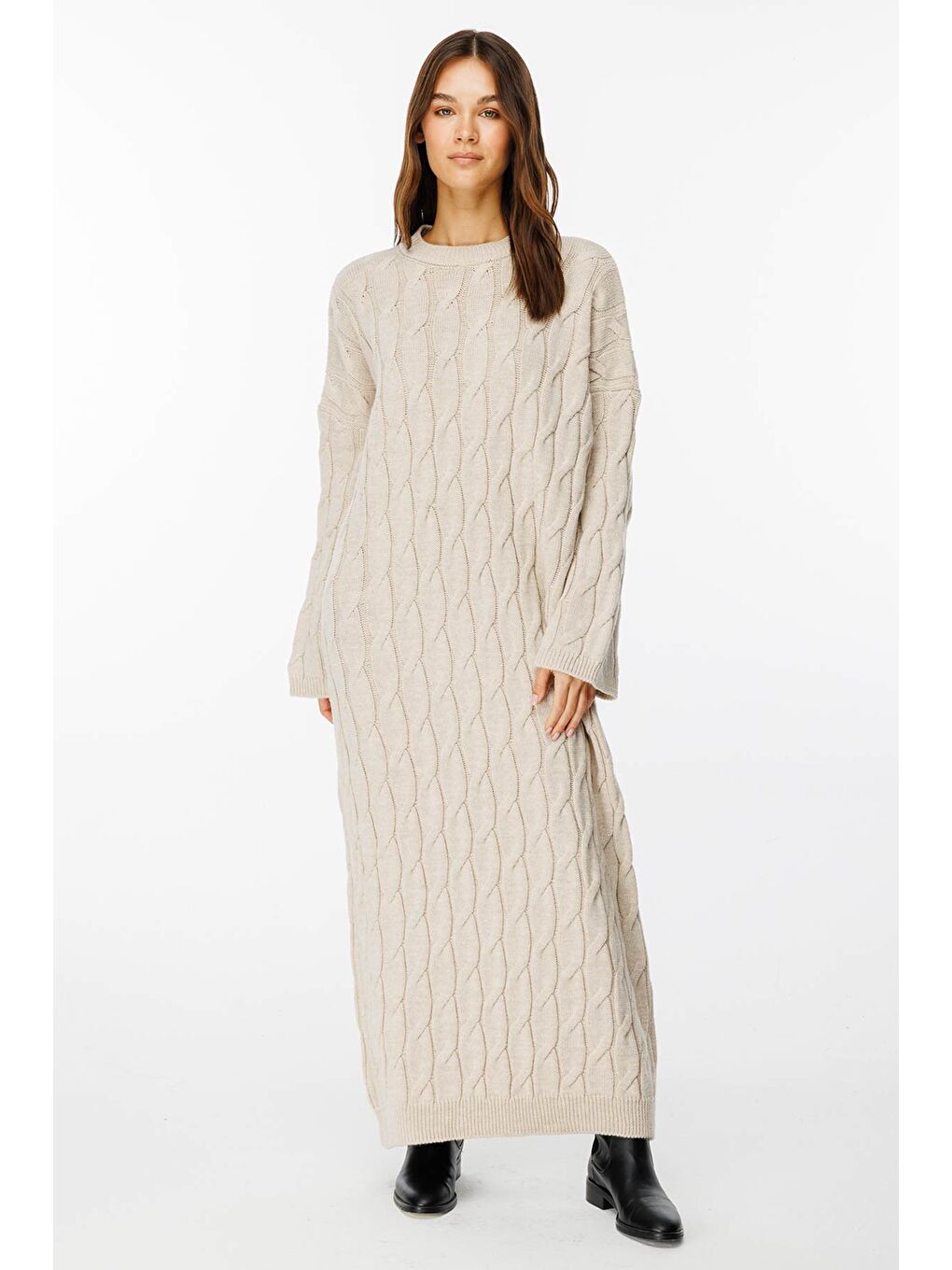 Ekru Saç Örgü Motifli Krem Triko Elbise-4