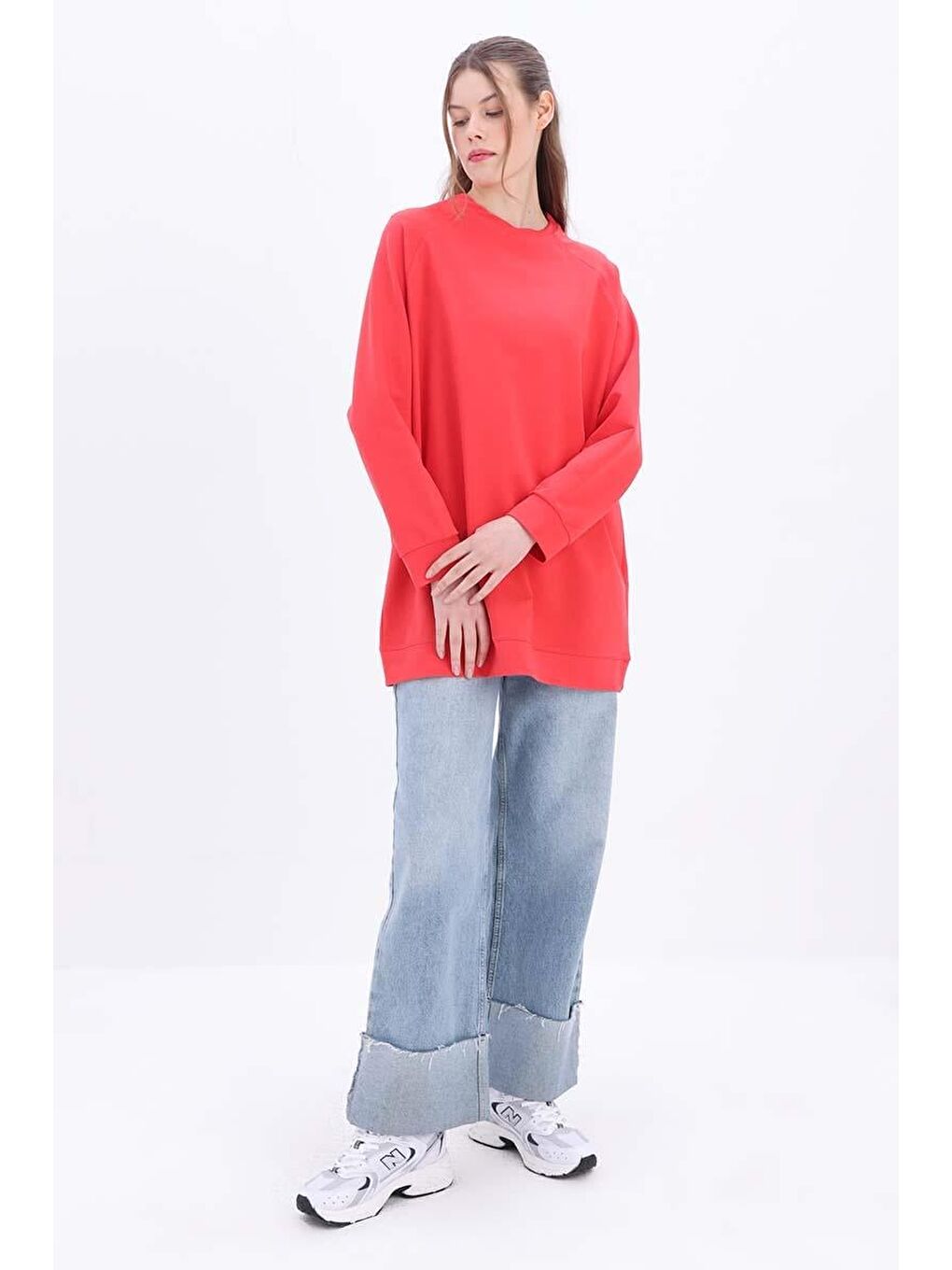 Kırmızı-Bisiklet Yaka Reglan Kol Elastanlı Sweat-4