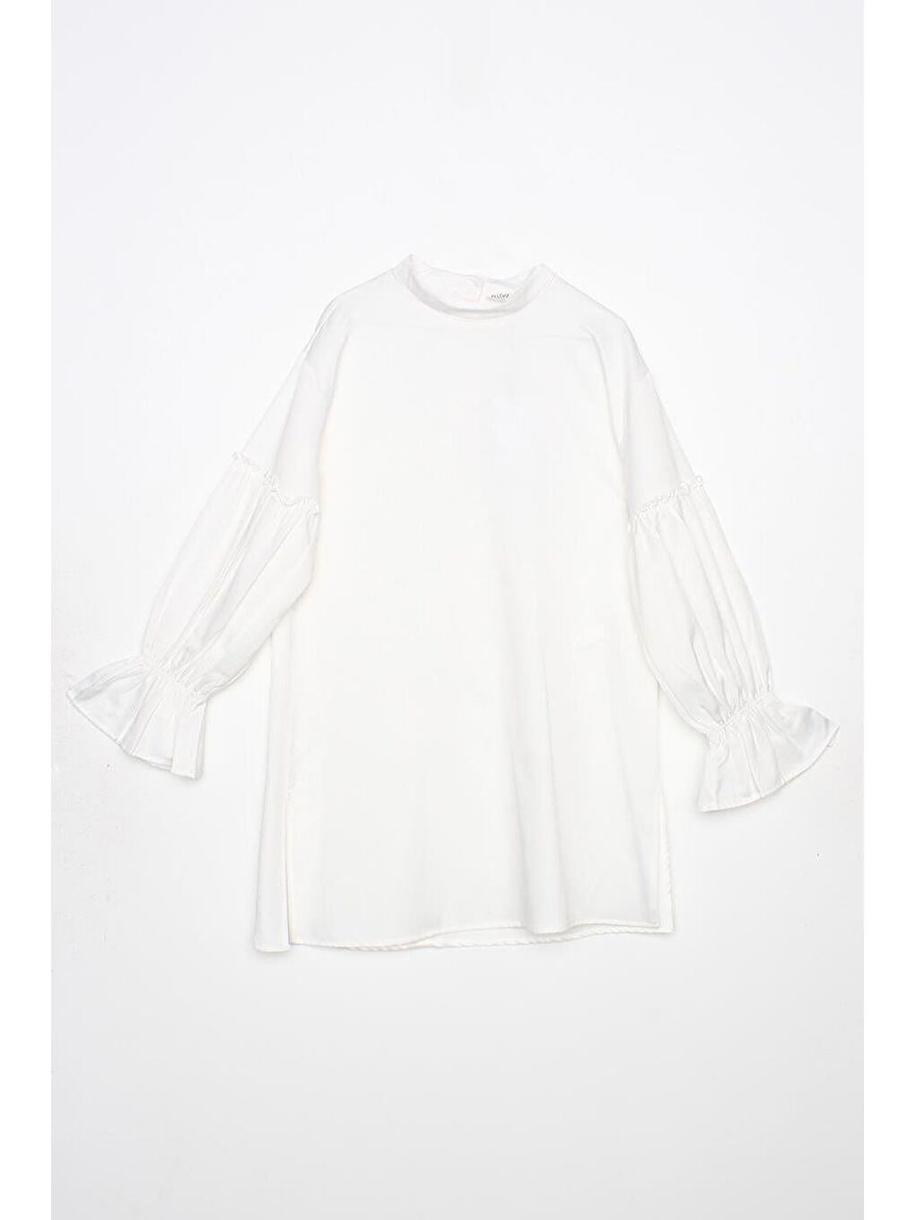 Ekru-Kolu Lastikli Fırfır Detaylı Tunik-5