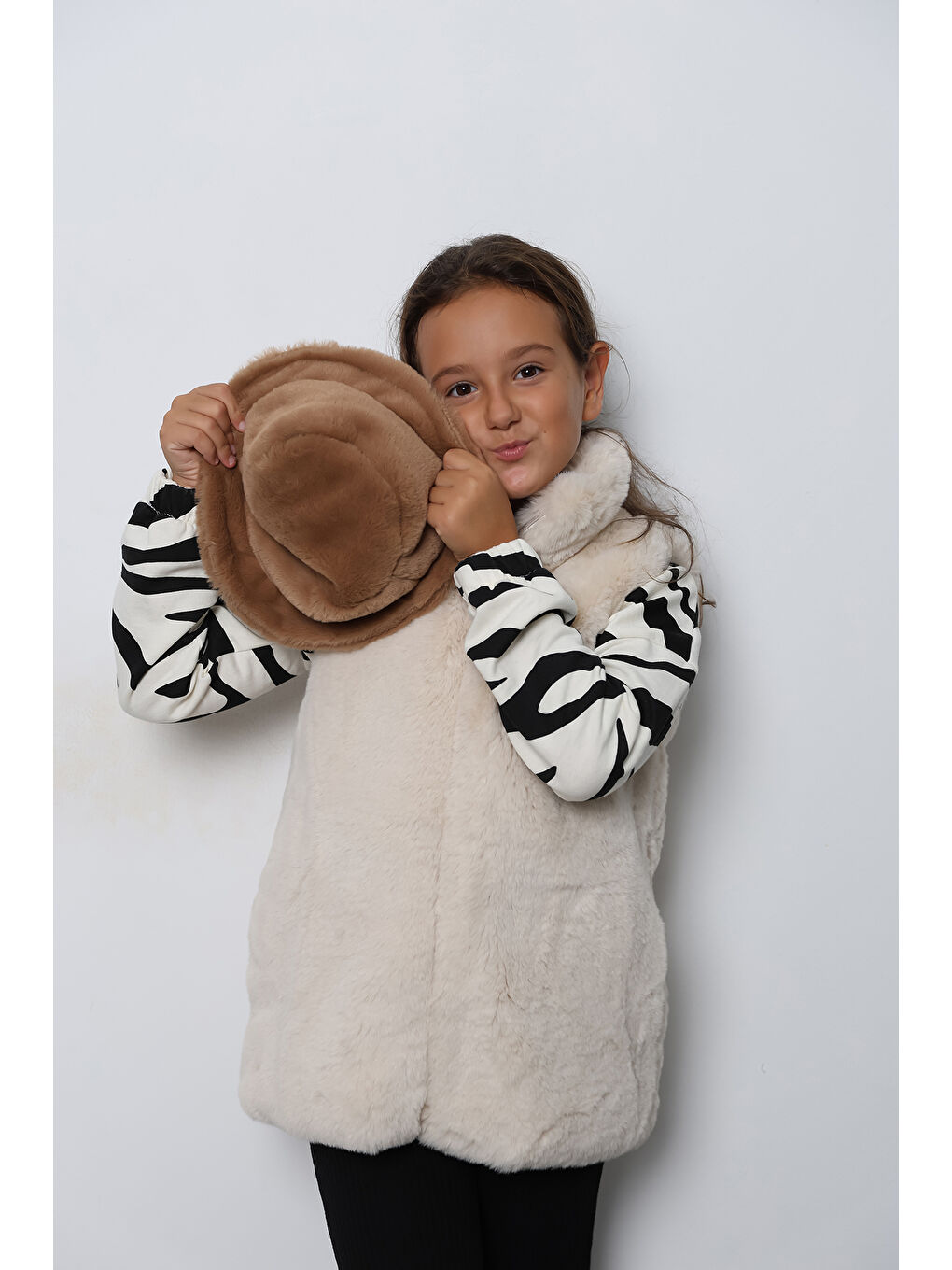 Kahverengi Kız Çocuk Camel Pelüş Bucket Kova Şapka SPK1135-4