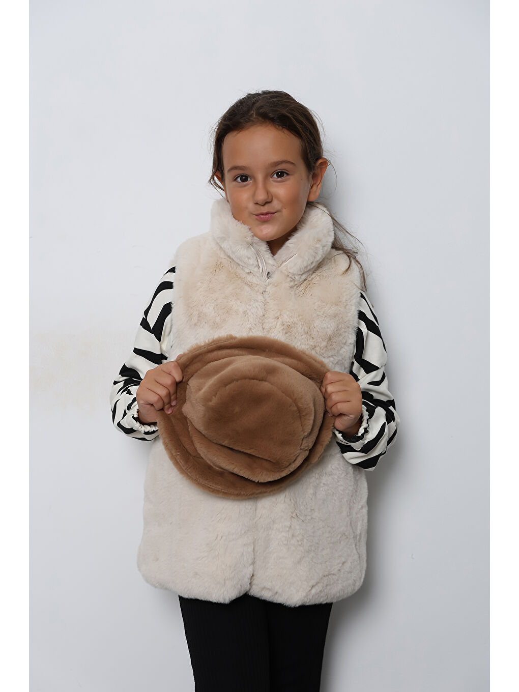 Kahverengi Kız Çocuk Camel Pelüş Bucket Kova Şapka SPK1135-5