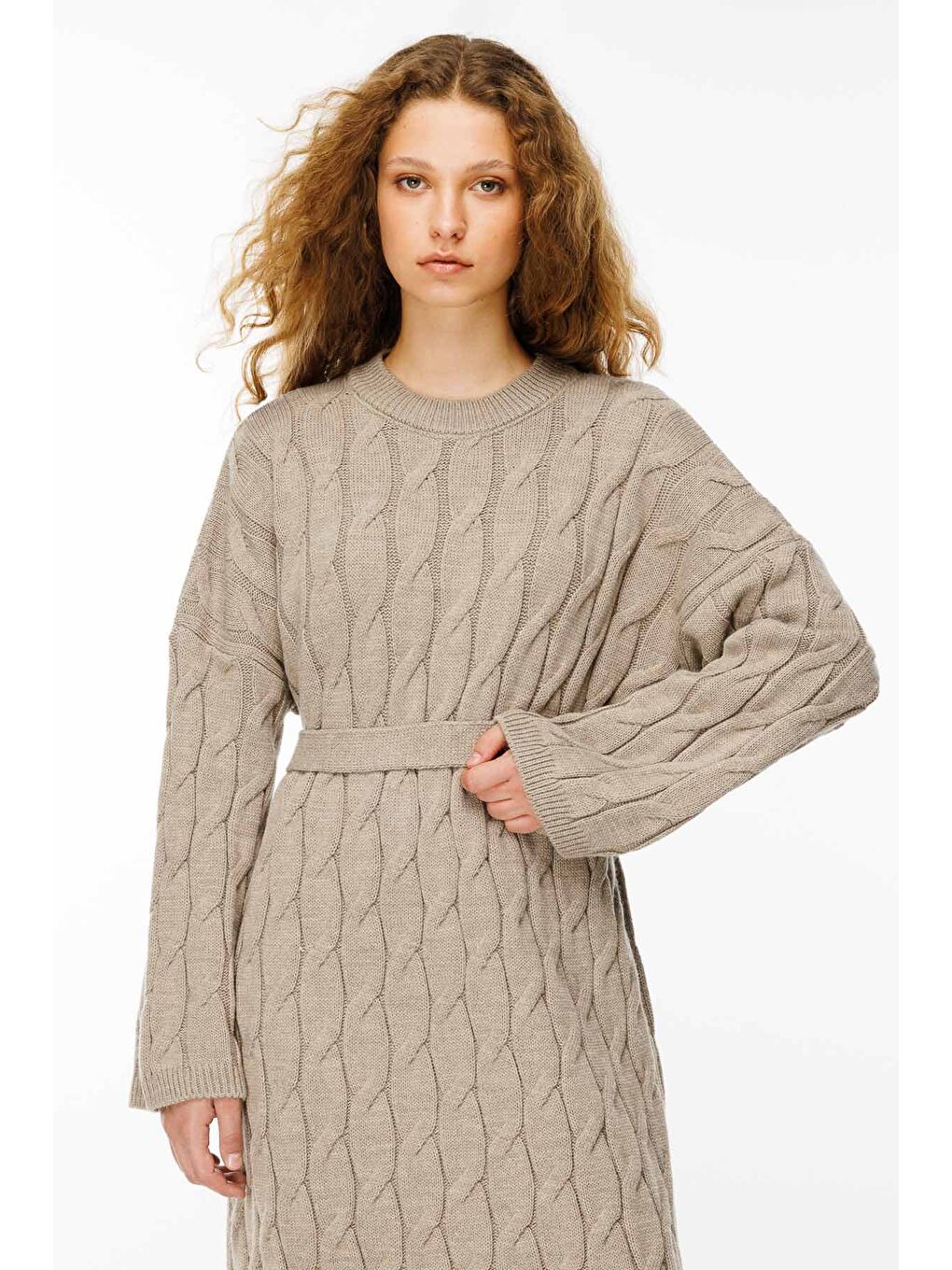 Bej Saç Örgü Motifli Vizon Triko Elbise-1