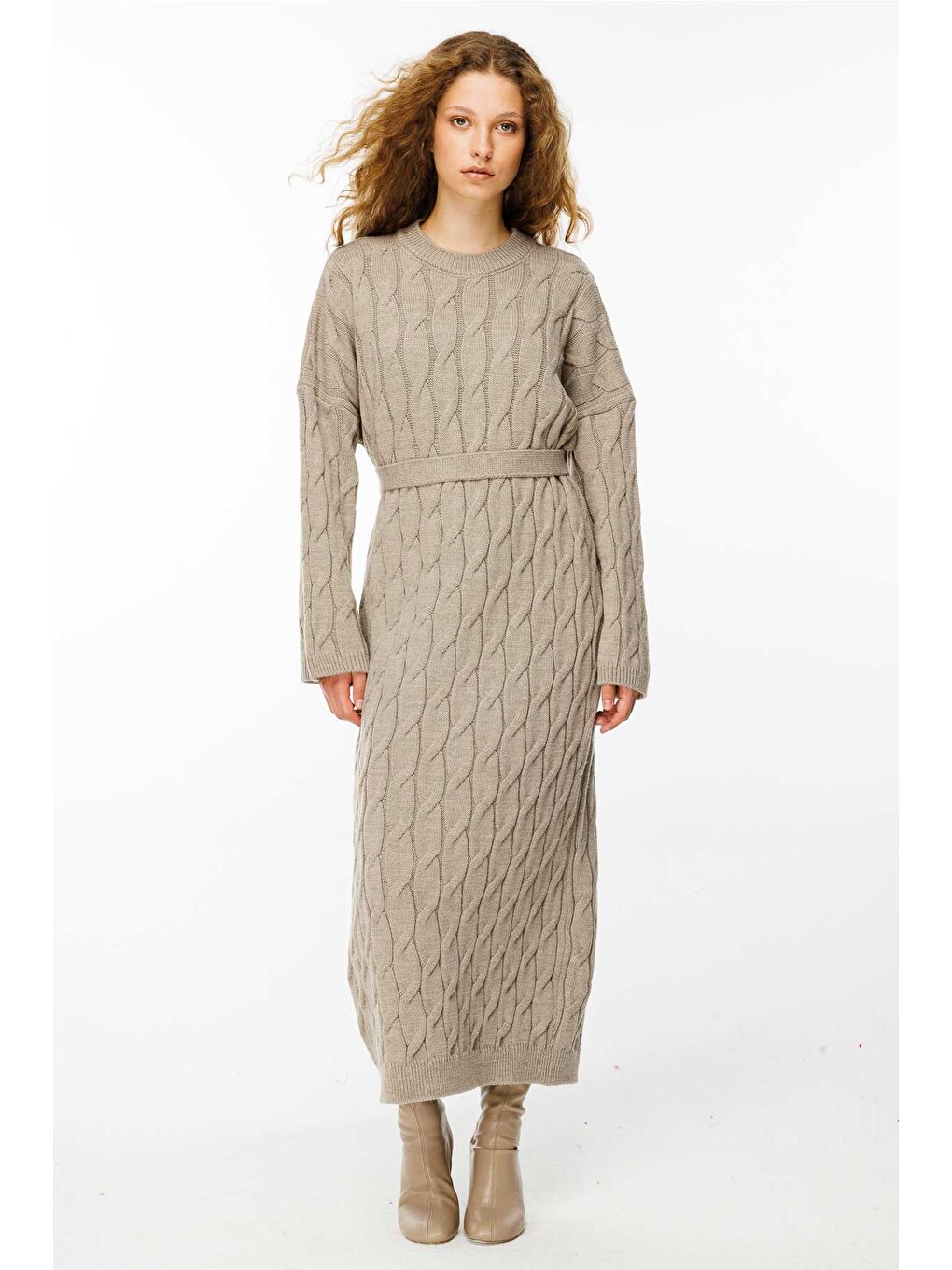 Bej Saç Örgü Motifli Vizon Triko Elbise-2