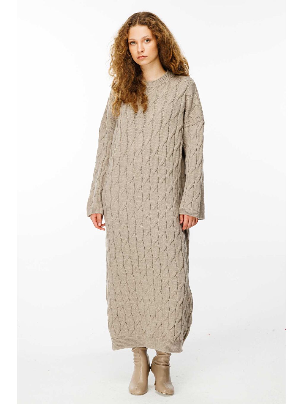 Bej Saç Örgü Motifli Vizon Triko Elbise-4