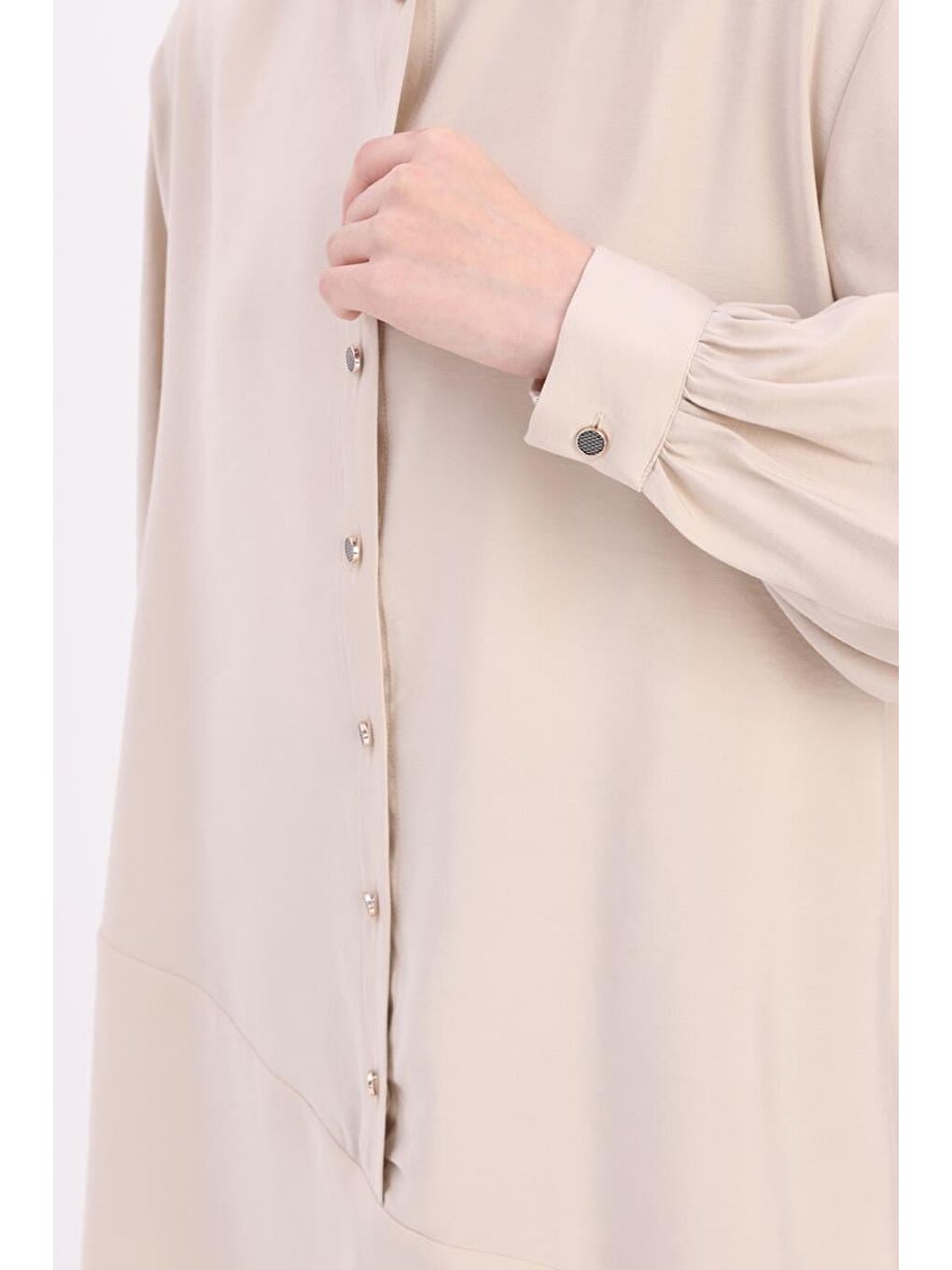 Ekru-Eteği Asimetrik Yırtmaçlı Gömlek Yaka Tunik-4