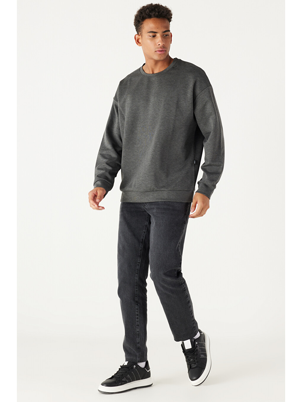 Erkek Antrasit-melanj Oversize Bol Kesim Bisiklet Yaka Düz Sweatshirt-1