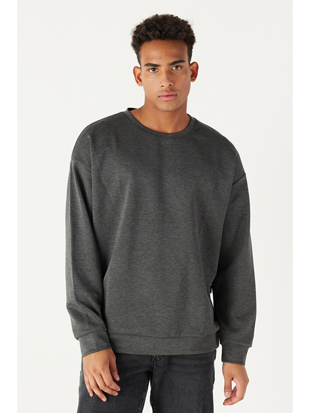 Erkek Antrasit-melanj Oversize Bol Kesim Bisiklet Yaka Düz Sweatshirt-2