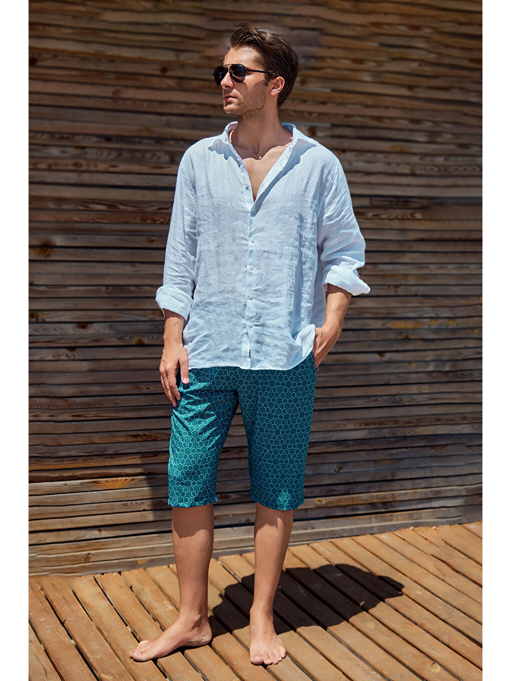 Erkek Havuz Deniz Uzun Kapri Şort Mayo RK002 Petrol