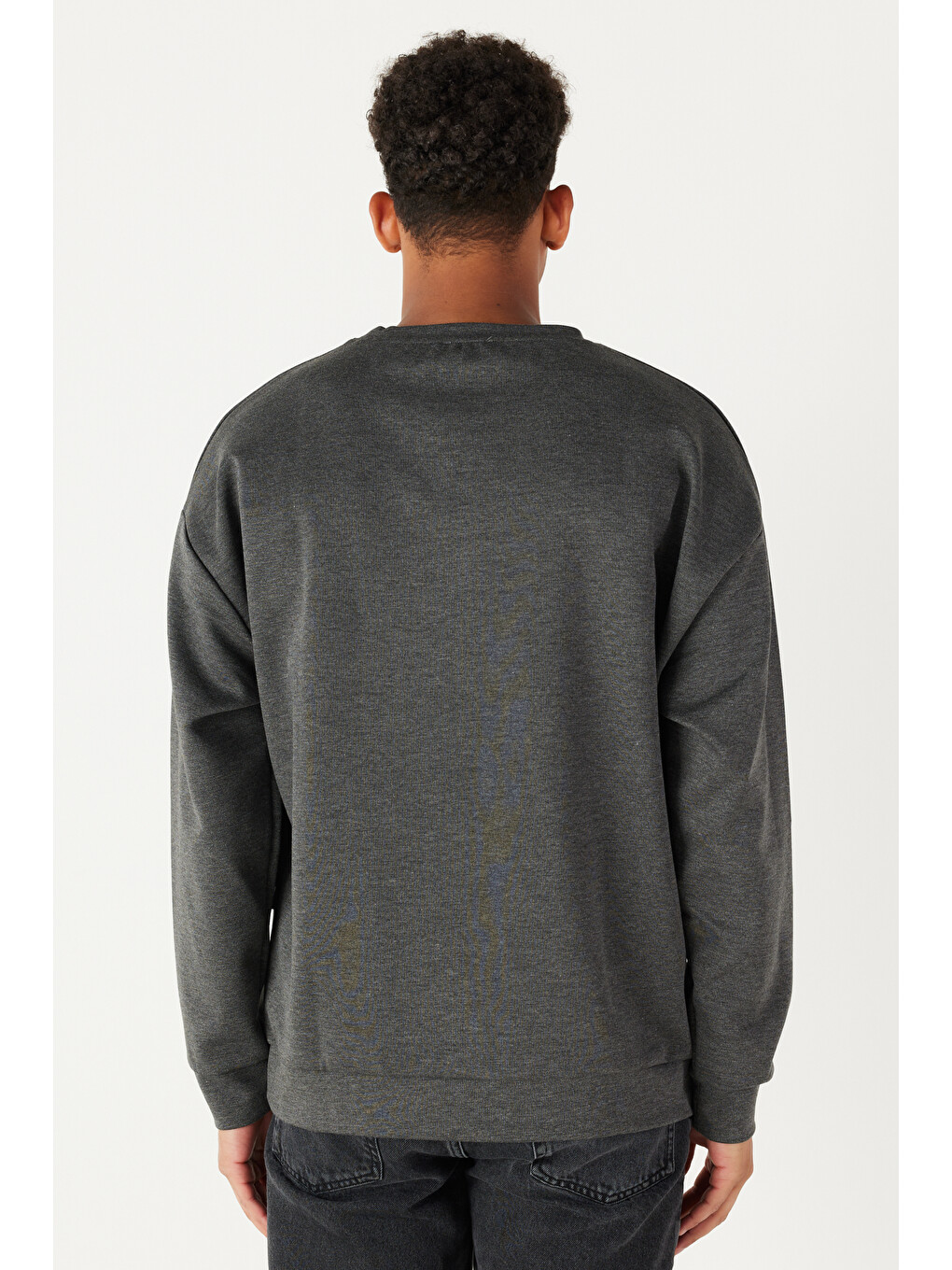 Erkek Antrasit-melanj Oversize Bol Kesim Bisiklet Yaka Düz Sweatshirt-4