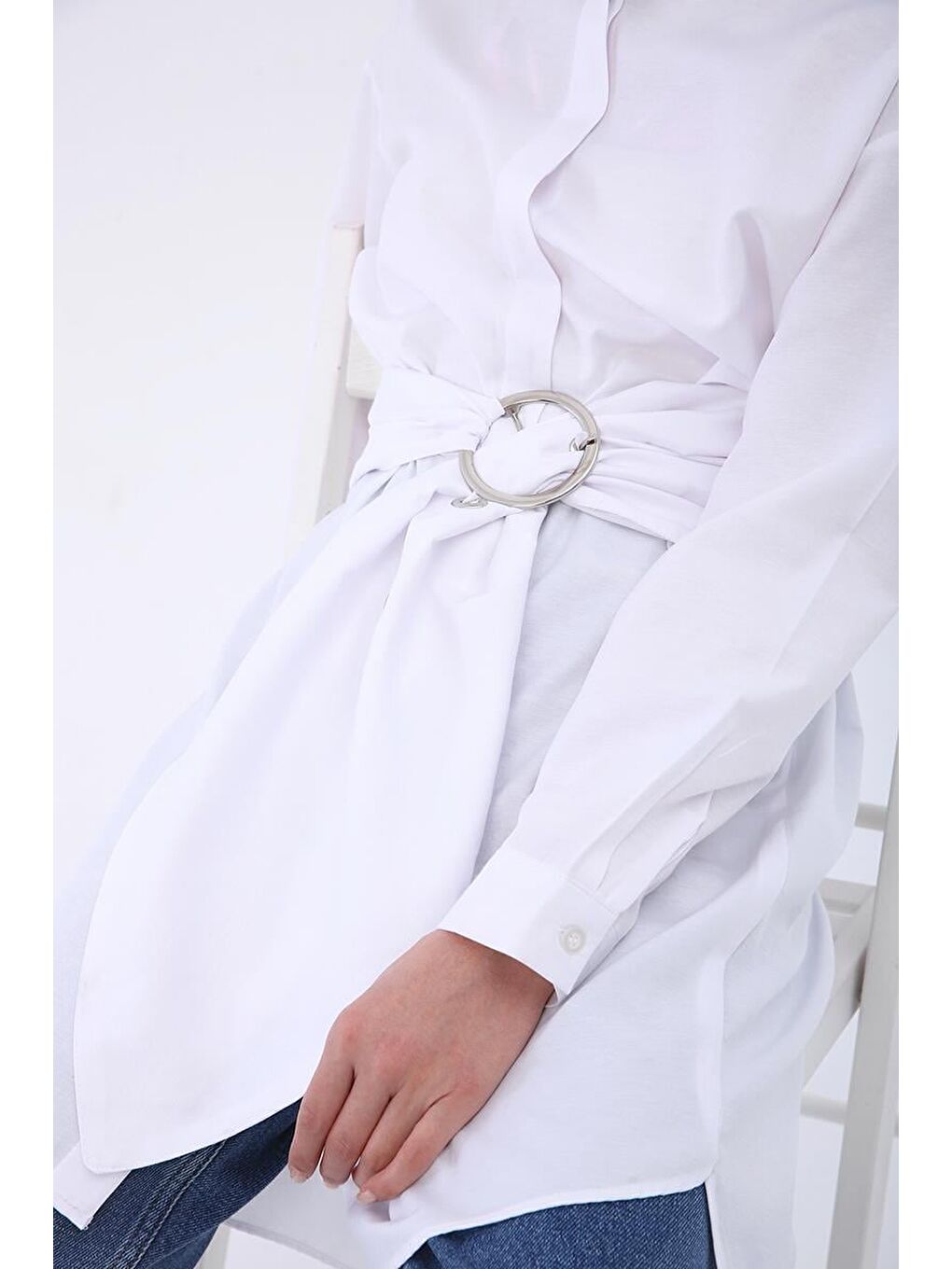 Beyaz Kuşaklı Rahat Kalıp Gömlek Tunik-4