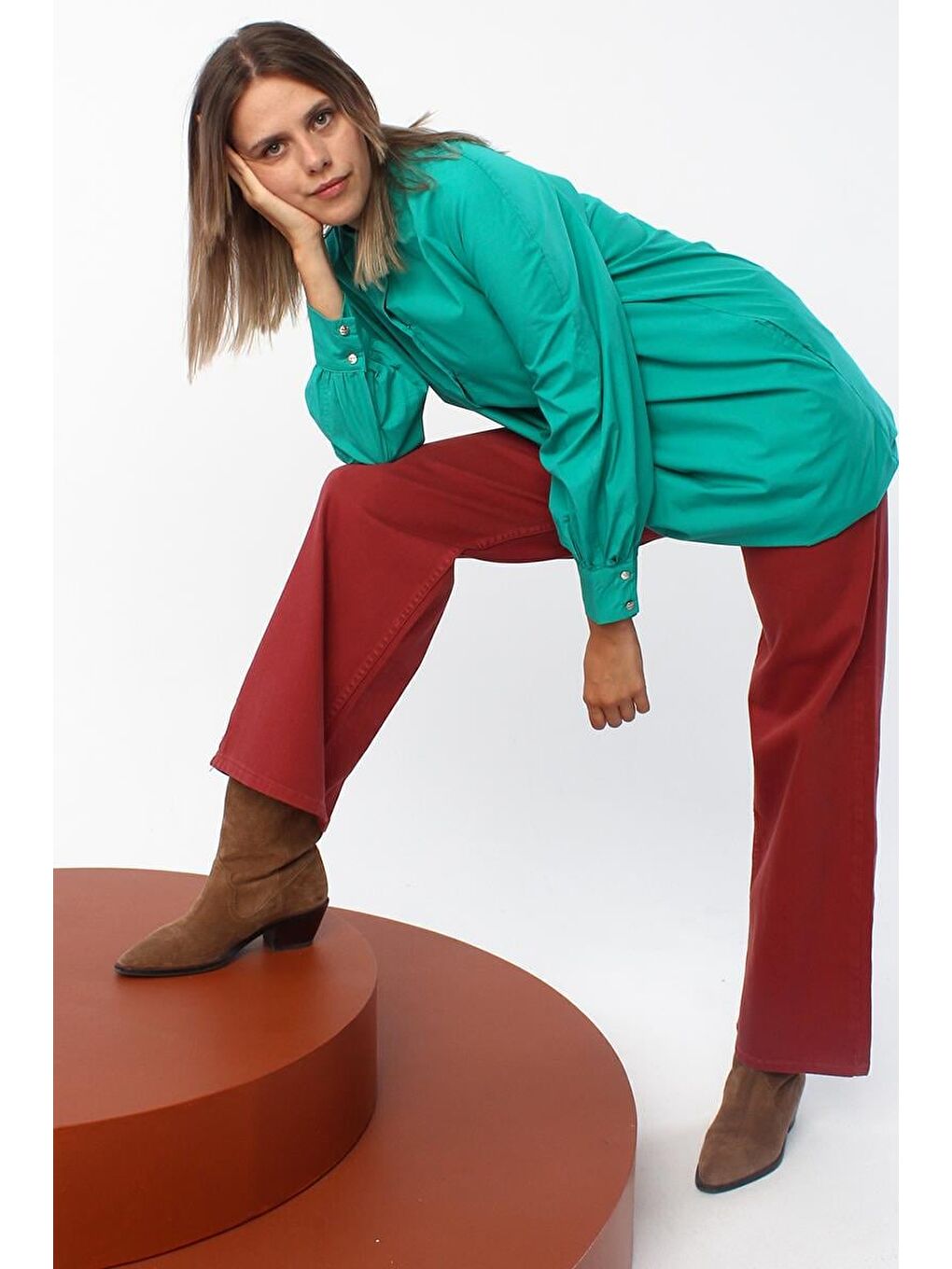 Yeşil01 Hakim Yaka Yarım Patlı %100 Pamuklu Tunik