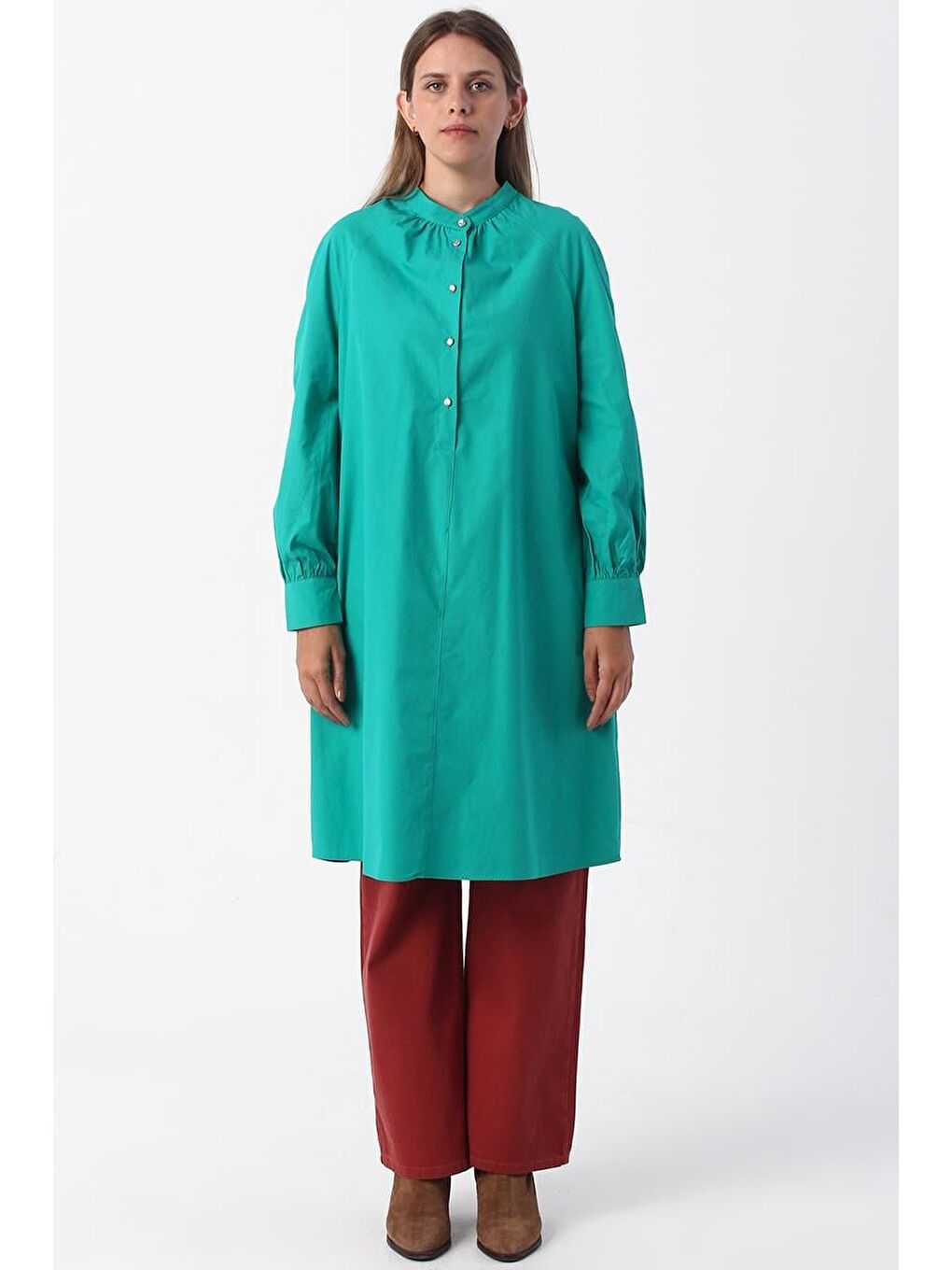 Yeşil01 Hakim Yaka Yarım Patlı %100 Pamuklu Tunik-1