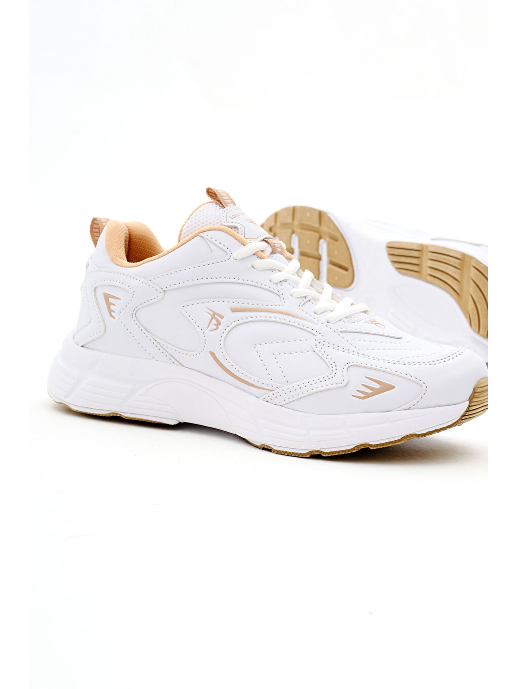Unisex Beyaz Bej Rahat Kalıp Yüksek Faylon Taban Bağcıklı Spor Ayakkabı-3