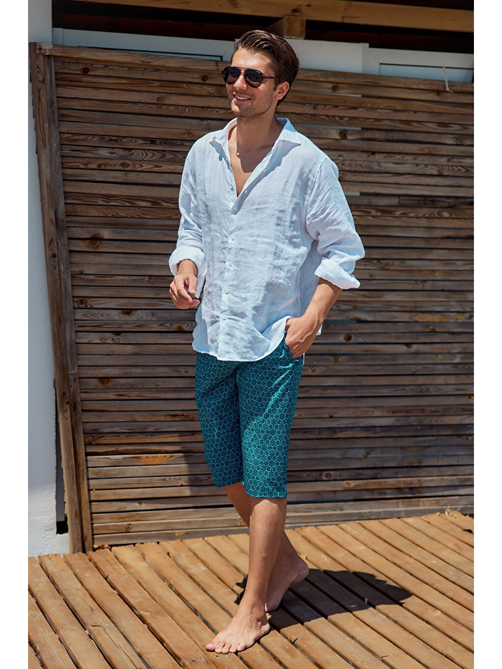 Erkek Havuz Deniz Uzun Kapri Şort Mayo RK002 Petrol-2