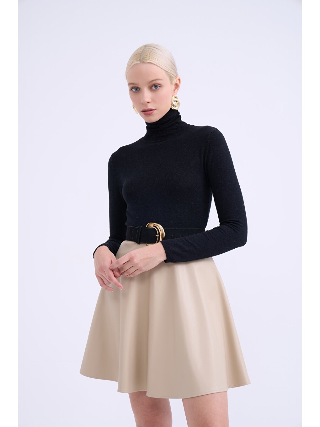 Bej Kloş Mini Deri Etek - Taş
