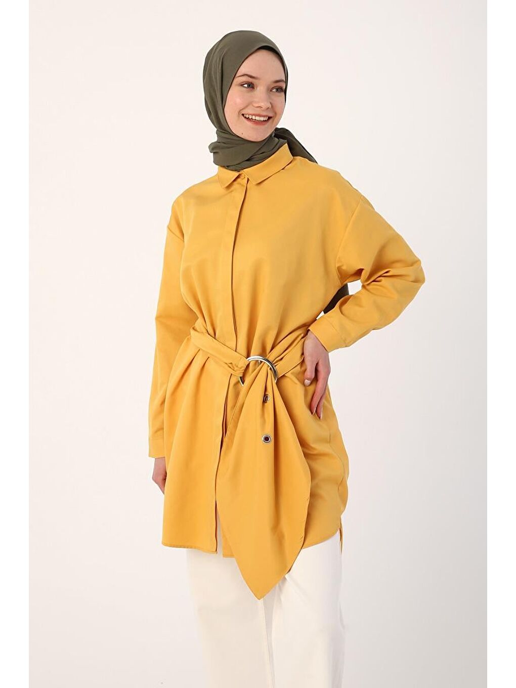 Sarı-Kuşaklı Rahat Kalıp Gömlek