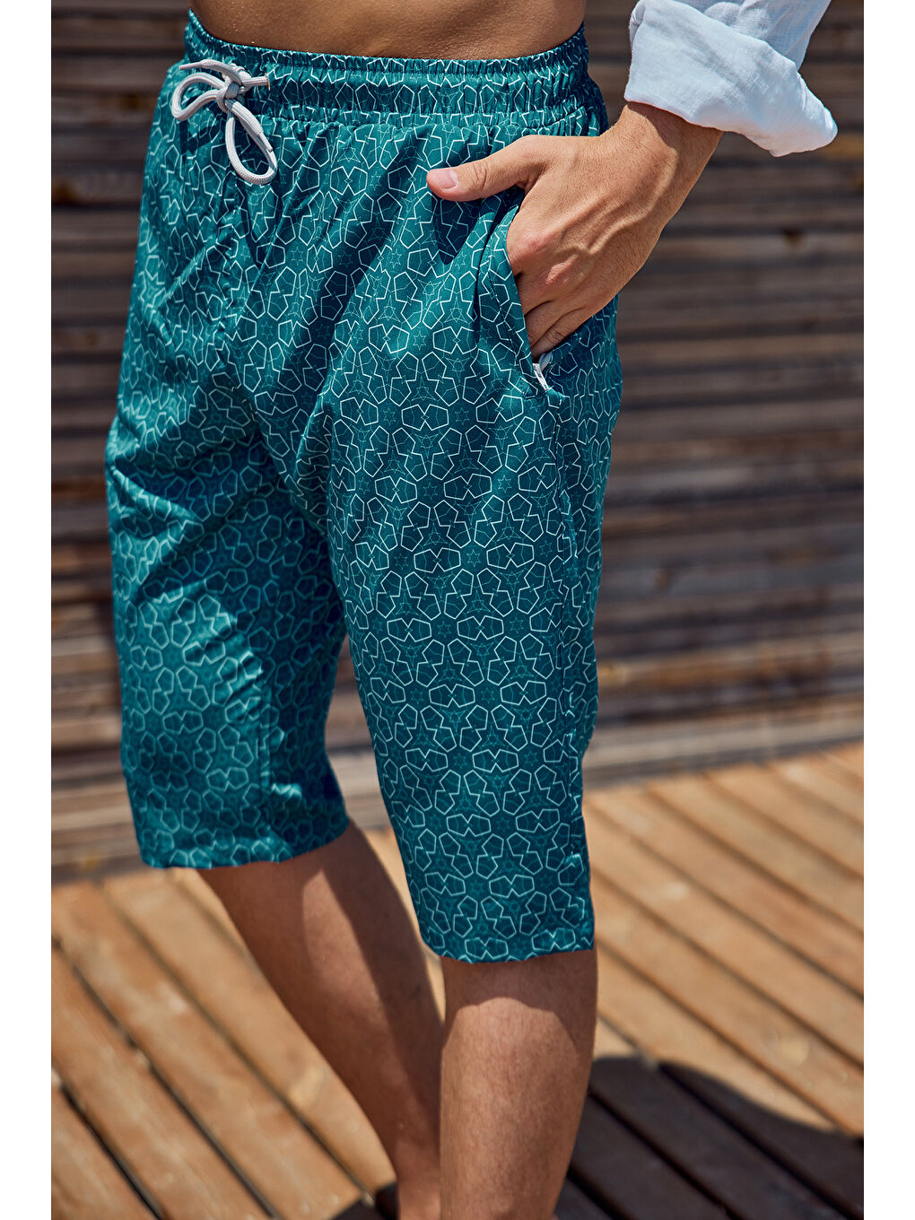Erkek Havuz Deniz Uzun Kapri Şort Mayo RK002 Petrol-3
