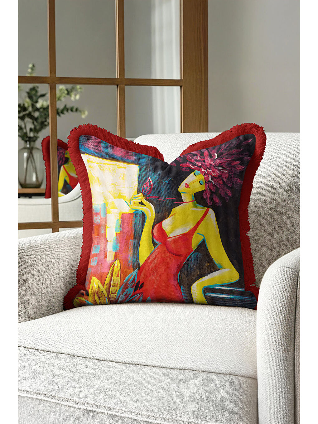 Karışık Modern Sanatsal Figüratif Saçaklı Yastık Kılıfı - Renkli Bohem Kırmızı Püsküllü Kırlent Kılıfı-1