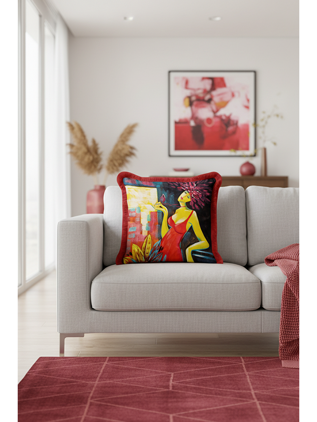 Karışık Modern Sanatsal Figüratif Saçaklı Yastık Kılıfı - Renkli Bohem Kırmızı Püsküllü Kırlent Kılıfı-2