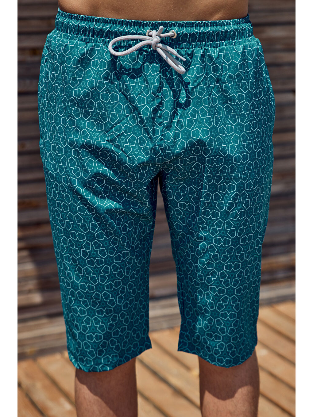 Erkek Havuz Deniz Uzun Kapri Şort Mayo RK002 Petrol-5