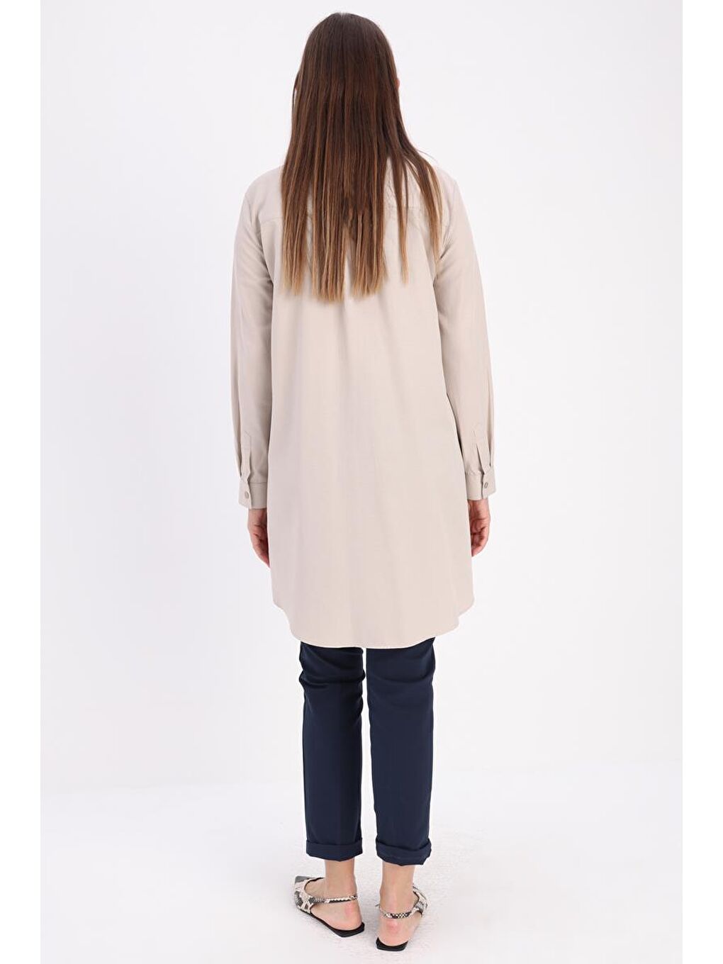 Bej Basic Gizli Patlı Gömlek Tunik-3