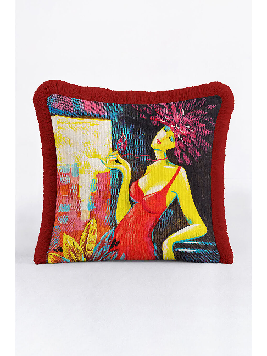 Karışık Modern Sanatsal Figüratif Saçaklı Yastık Kılıfı - Renkli Bohem Kırmızı Püsküllü Kırlent Kılıfı-4