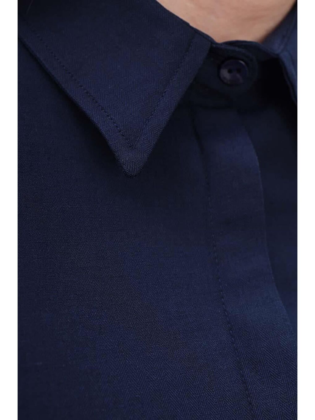 Lacivert Pamuklu Gizli Patlı Gömlek-4