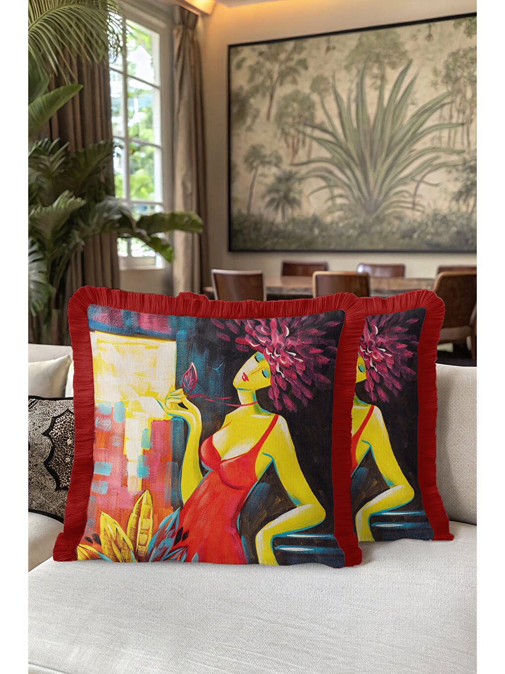 Karışık Modern Sanatsal Figüratif Saçaklı Yastık Kılıfı - Renkli Bohem Kırmızı Püsküllü Kırlent Kılıfı-5