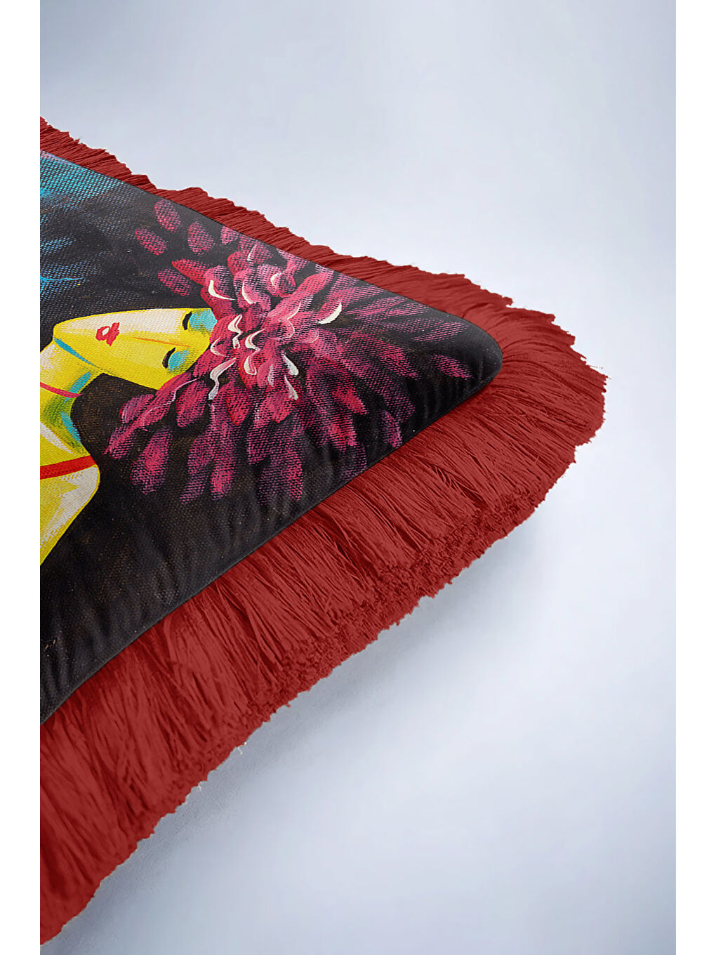 Karışık Modern Sanatsal Figüratif Saçaklı Yastık Kılıfı - Renkli Bohem Kırmızı Püsküllü Kırlent Kılıfı-6