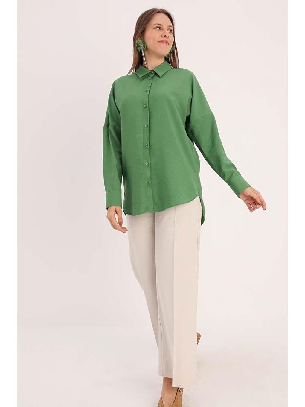 Yeşil Oversize Basic Gömlek
