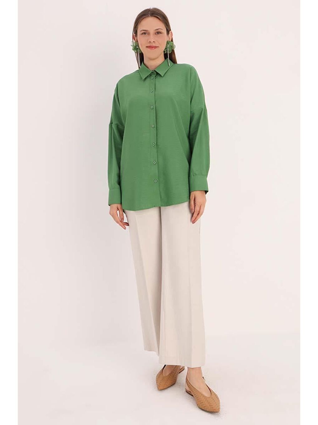 Yeşil Oversize Basic Gömlek-1