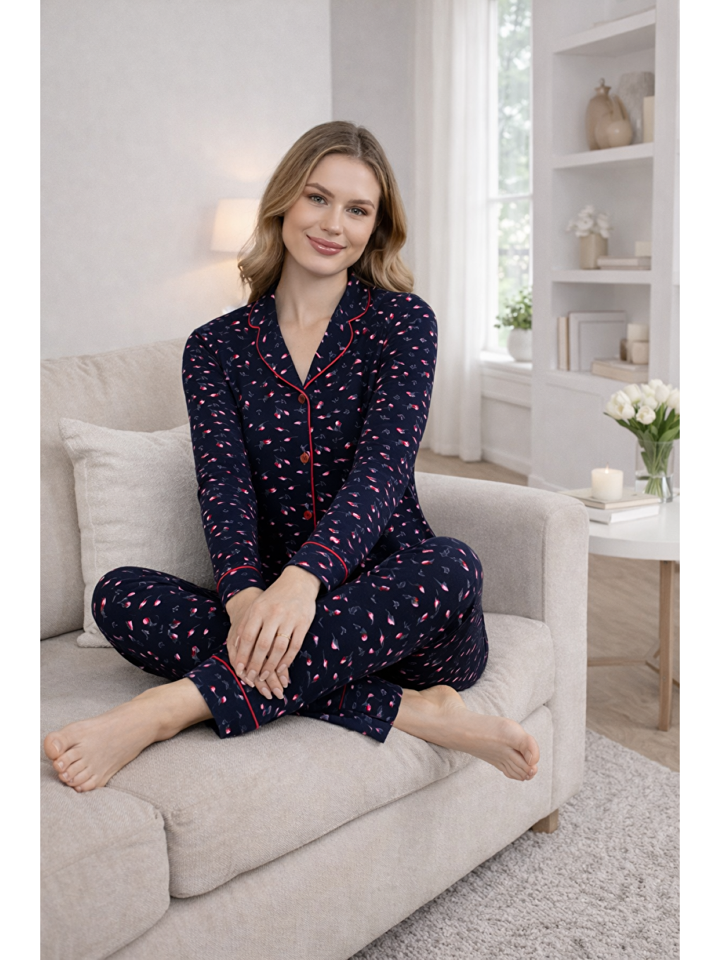 Lacivert PREMIUM Kadın Viskon Gömlek Yaka Boydan Düğmeli Biyeli Yüksek Kalite Uzun Kollu Pijama Takımı-5