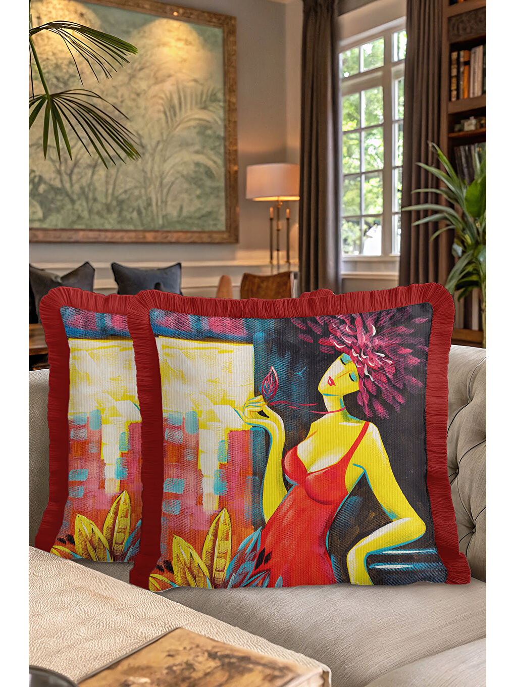 Karışık Modern Sanatsal Figüratif Saçaklı Yastık Kılıfı - Renkli Bohem Kırmızı Püsküllü Kırlent Kılıfı-7