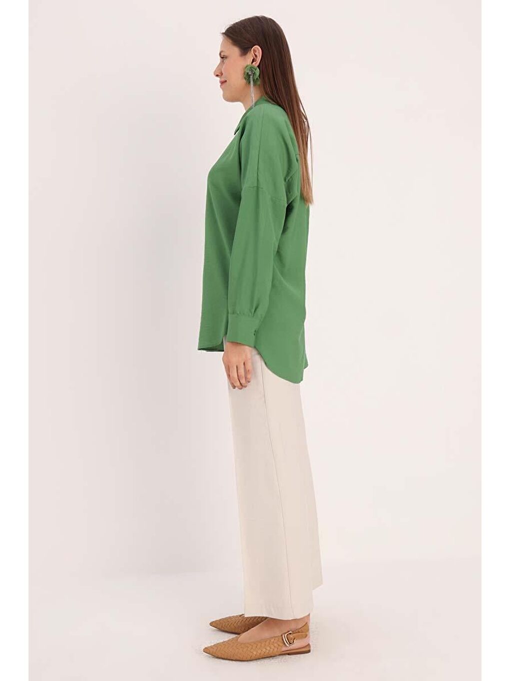 Yeşil Oversize Basic Gömlek-2