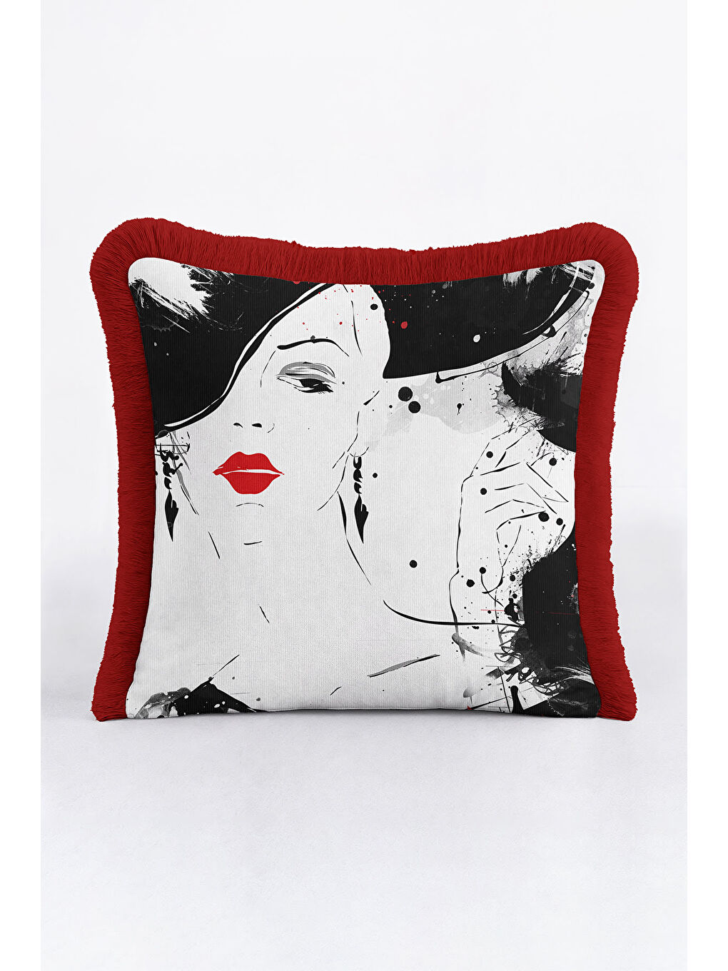 Karışık Sanatsal Portre Saçaklı Yastık Kılıfı - Minimal Modern Siyah Beyaz Kırmızı Püsküllü Kırlent Kılıfı-1