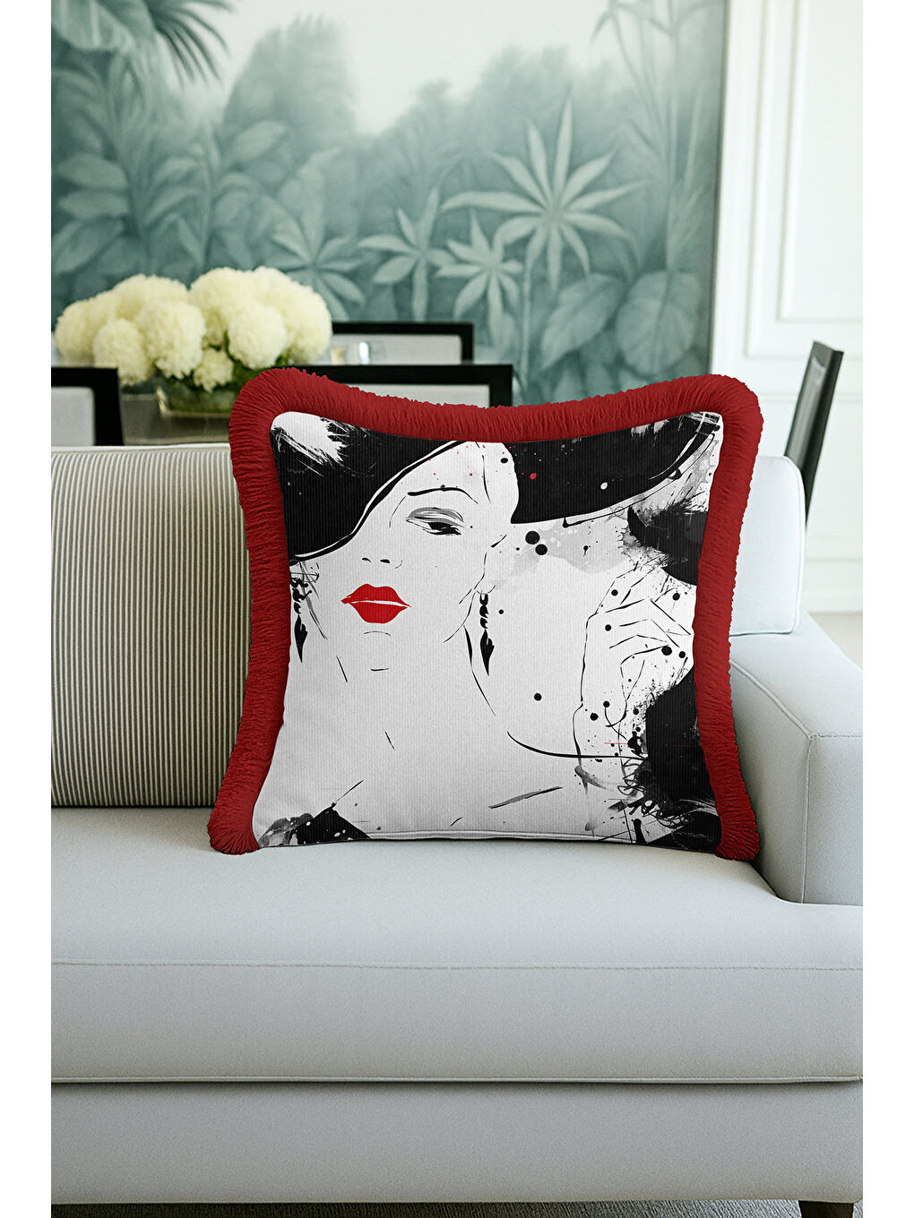 Karışık Sanatsal Portre Saçaklı Yastık Kılıfı - Minimal Modern Siyah Beyaz Kırmızı Püsküllü Kırlent Kılıfı-2