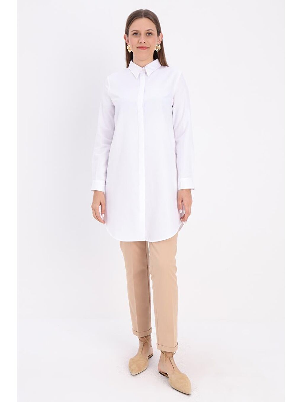 Beyaz Basic Gizli Patlı Gömlek Tunik-1