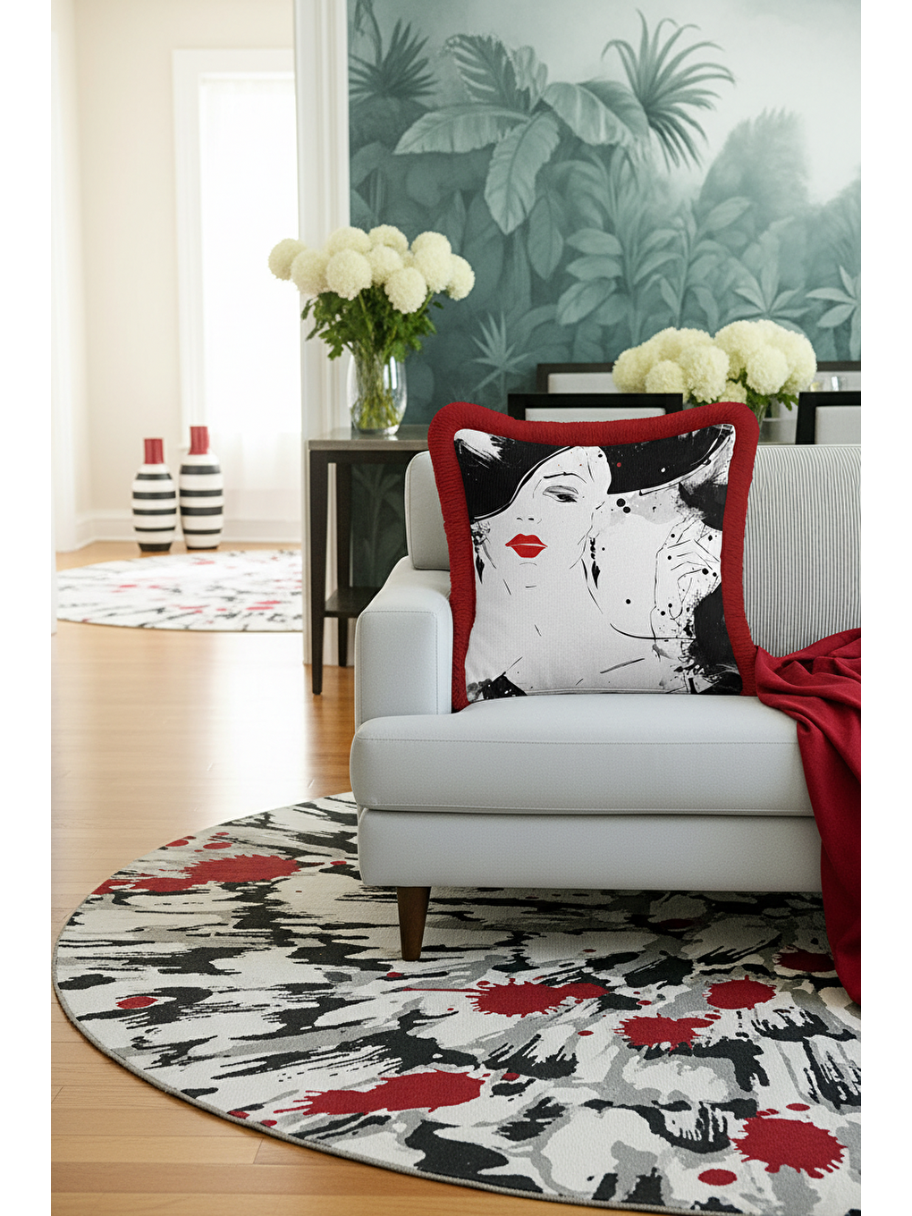 Karışık Sanatsal Portre Saçaklı Yastık Kılıfı - Minimal Modern Siyah Beyaz Kırmızı Püsküllü Kırlent Kılıfı-3