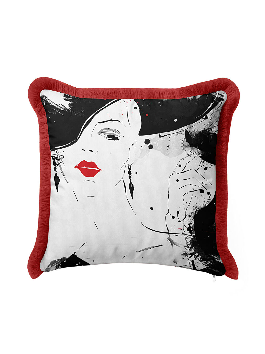 Karışık Sanatsal Portre Saçaklı Yastık Kılıfı - Minimal Modern Siyah Beyaz Kırmızı Püsküllü Kırlent Kılıfı-4